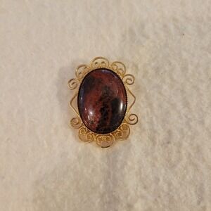 Vintage Juliana D&E Mahogany Brown Jasper Gold‎ Tone Filigree Brooch & Pendant